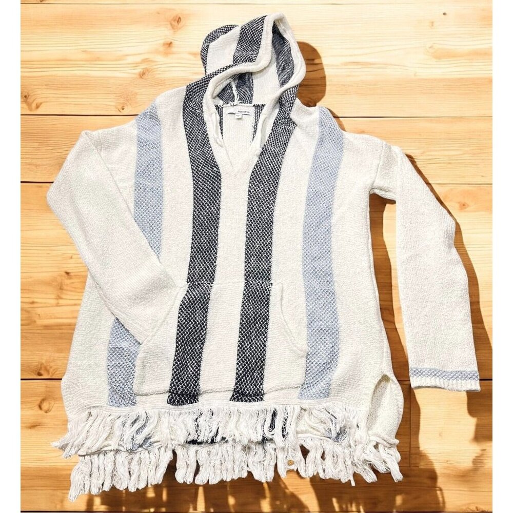 Sonoma Goods For Life Baja Hoodie Women Small White Blue Gray Striped Fringe Hem